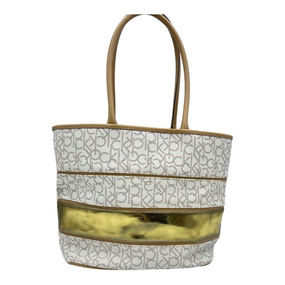 Calvin Klein Logo Print White Gold Stripe Large Tote Handbag Purse - Picture 3 of 8